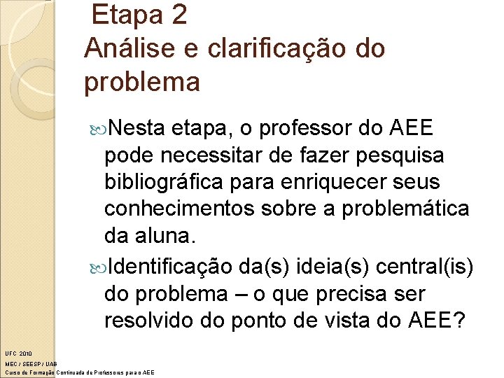 Etapa 2 Análise e clarificação do problema Nesta etapa, o professor do AEE pode