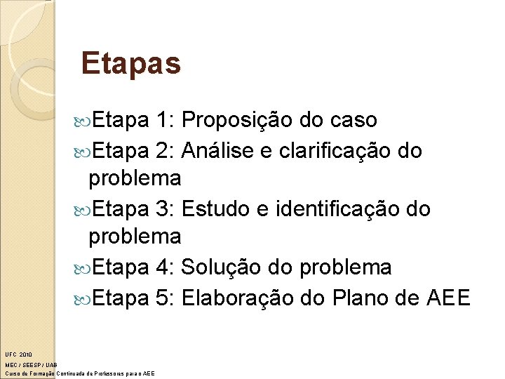 Etapas Etapa 1: Proposição do caso Etapa 2: Análise e clarificação do problema Etapa