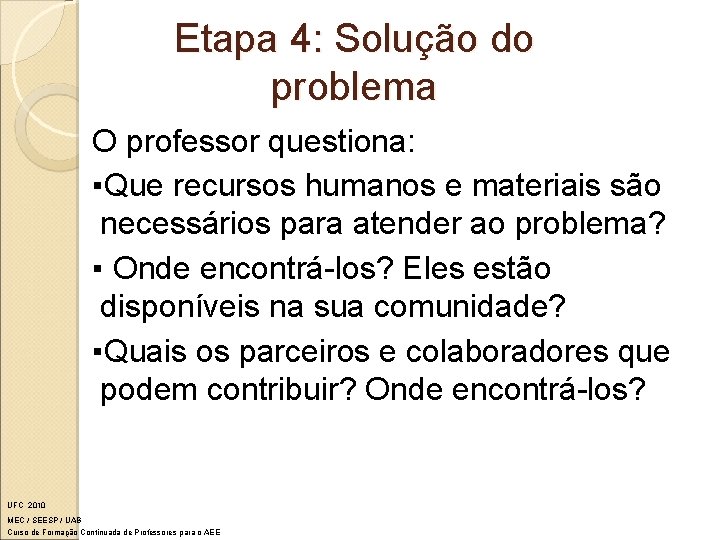 Etapa 4: Solução do problema O professor questiona: ▪Que recursos humanos e materiais são