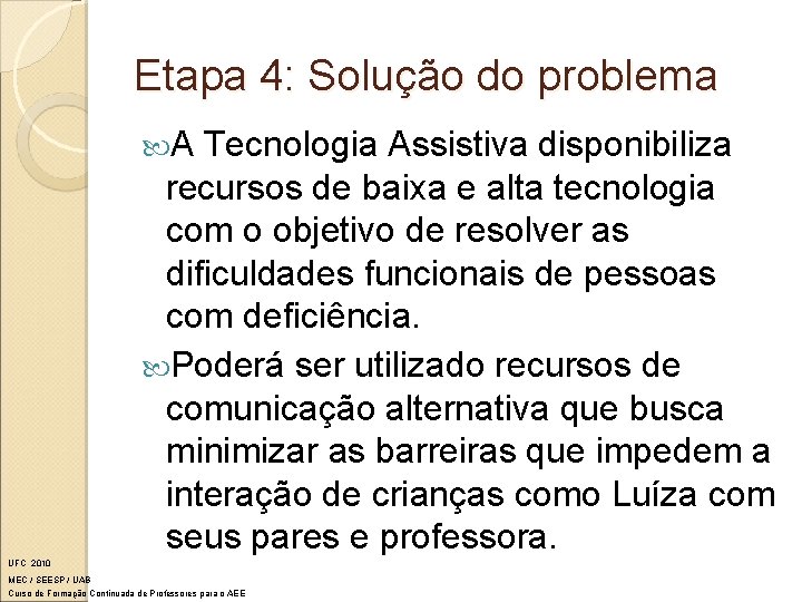 Etapa 4: Solução do problema A Tecnologia Assistiva disponibiliza recursos de baixa e alta