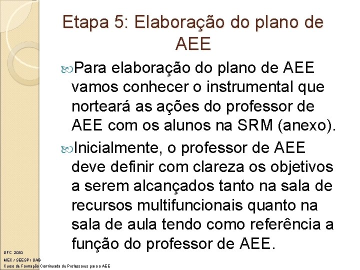 Etapa 5: Elaboração do plano de AEE Para UFC 2010 elaboração do plano de