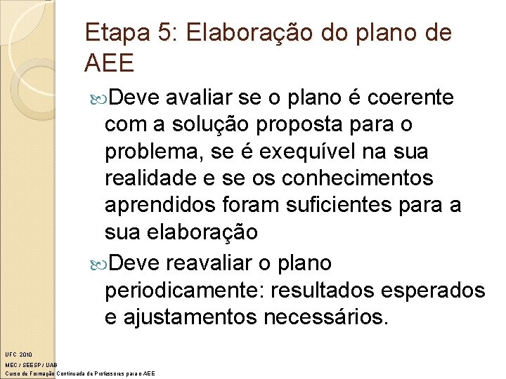 Etapa 5: Elaboração do plano de AEE Deve avaliar se o plano é coerente