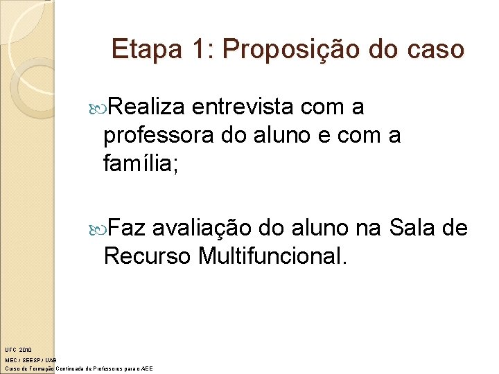 Etapa 1: Proposição do caso Realiza entrevista com a professora do aluno e com