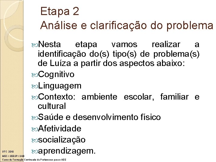 Etapa 2 Análise e clarificação do problema Nesta UFC 2010 etapa vamos realizar a