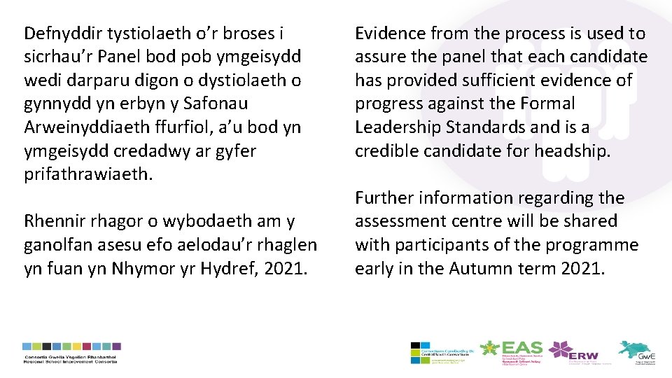 Defnyddir tystiolaeth o’r broses i sicrhau’r Panel bod pob ymgeisydd wedi darparu digon o