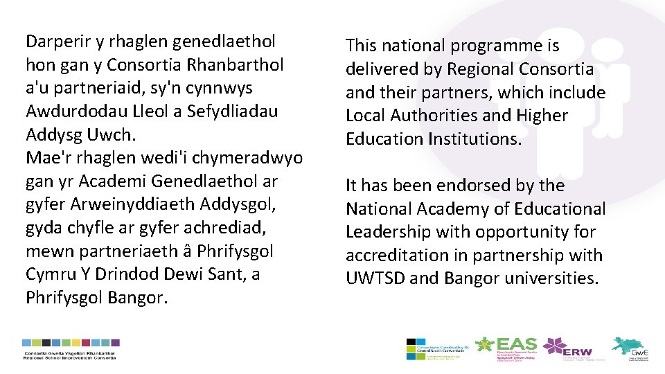 Darperir y rhaglen genedlaethol hon gan y Consortia Rhanbarthol a'u partneriaid, sy'n cynnwys Awdurdodau