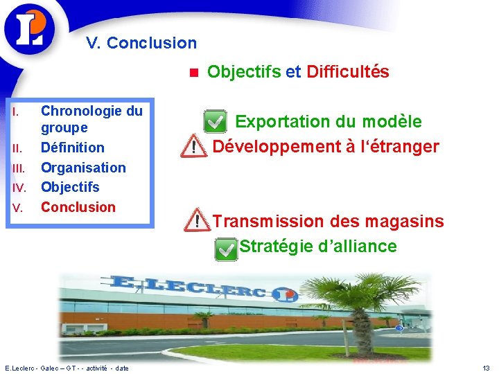 V. Conclusion n I. III. IV. V. Chronologie du groupe Définition Organisation Objectifs Conclusion
