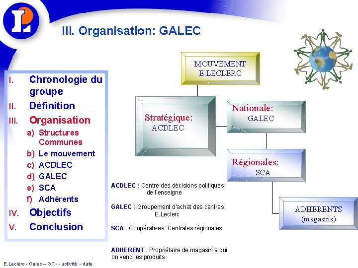 III. Organisation: GALEC I. III. Chronologie du groupe Définition Organisation a) Structures Communes b)
