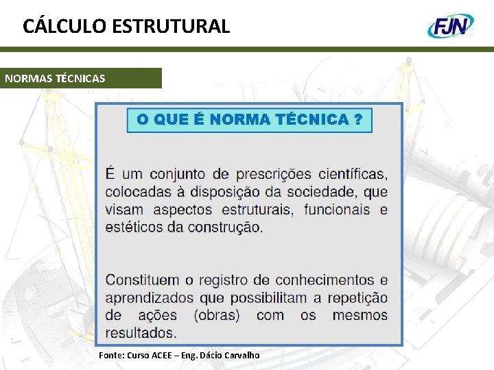 CÁLCULO ESTRUTURAL NORMAS TÉCNICAS Fonte: Curso ACEE – Eng. Dácio Carvalho 