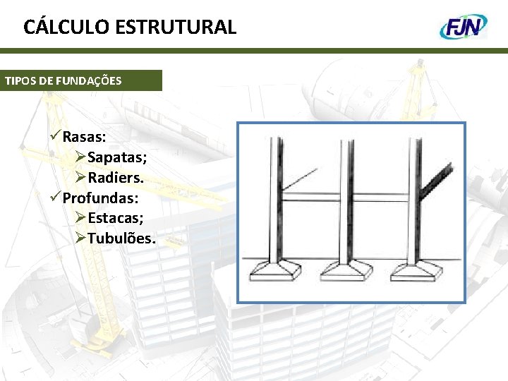 CÁLCULO ESTRUTURAL TIPOS DE FUNDAÇÕES üRasas: ØSapatas; ØRadiers. üProfundas: ØEstacas; ØTubulões. 