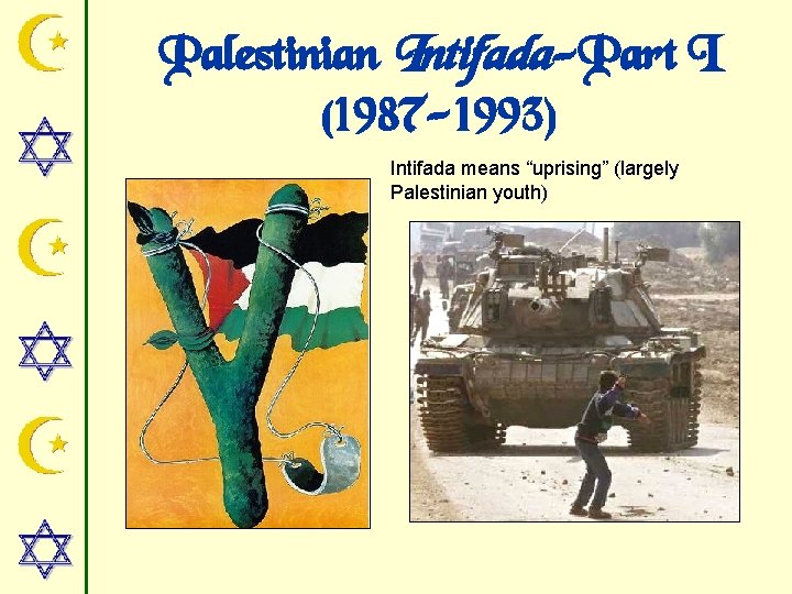 Palestinian Intifada-Part I (1987 -1993) Intifada means “uprising” (largely Palestinian youth) 
