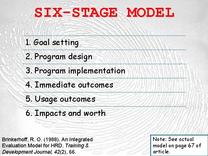 SIX-STAGE MODEL 1. Goal setting 2. Program design 3. Program implementation 4. Immediate outcomes