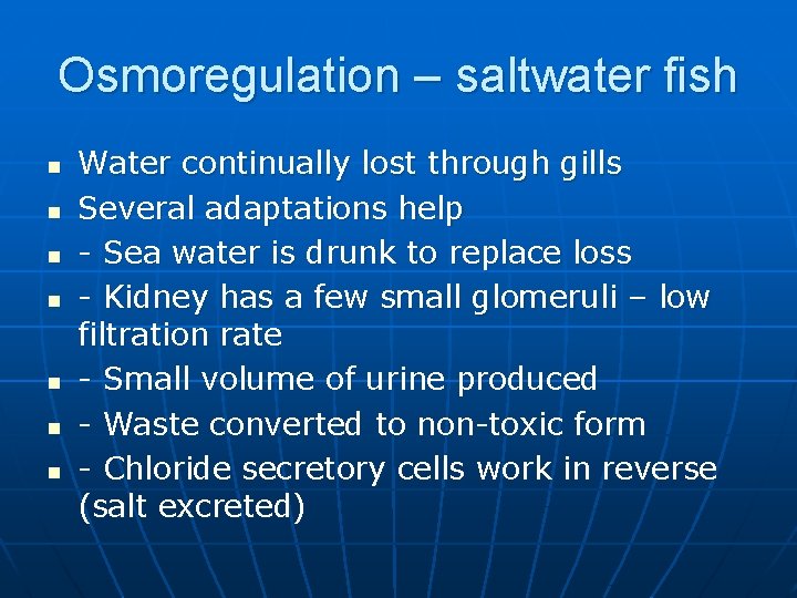 Osmoregulation – saltwater fish n n n n Water continually lost through gills Several