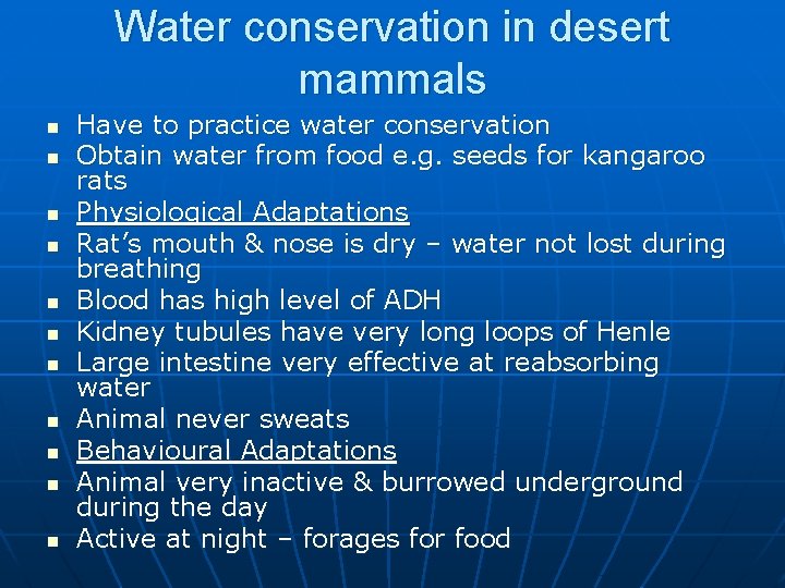 Water conservation in desert mammals n n n Have to practice water conservation Obtain