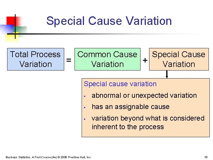 Special Cause Variation Total Process Common Cause Special Cause = + Variation Special cause