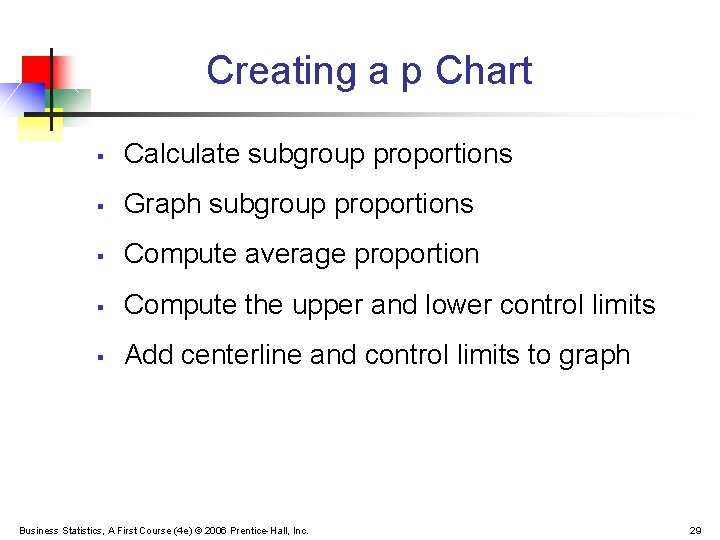 Creating a p Chart § Calculate subgroup proportions § Graph subgroup proportions § Compute
