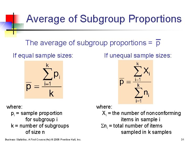 Average of Subgroup Proportions The average of subgroup proportions = p If equal sample