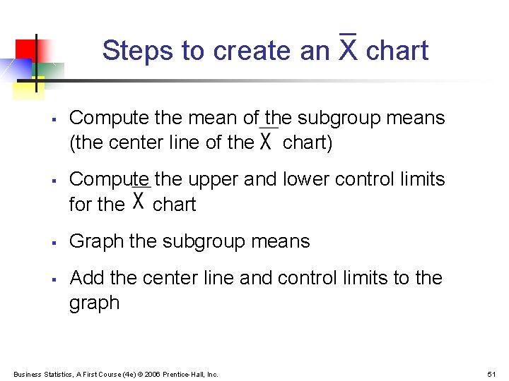 Steps to create an X chart § § Compute the mean of the subgroup