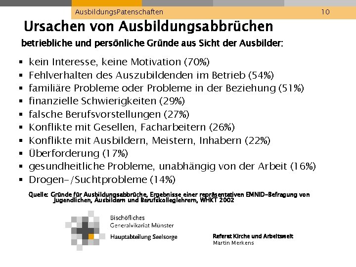 Ausbildungs. Patenschaften Ursachen von Ausbildungsabbrüchen betriebliche und persönliche Gründe aus Sicht der Ausbilder: §