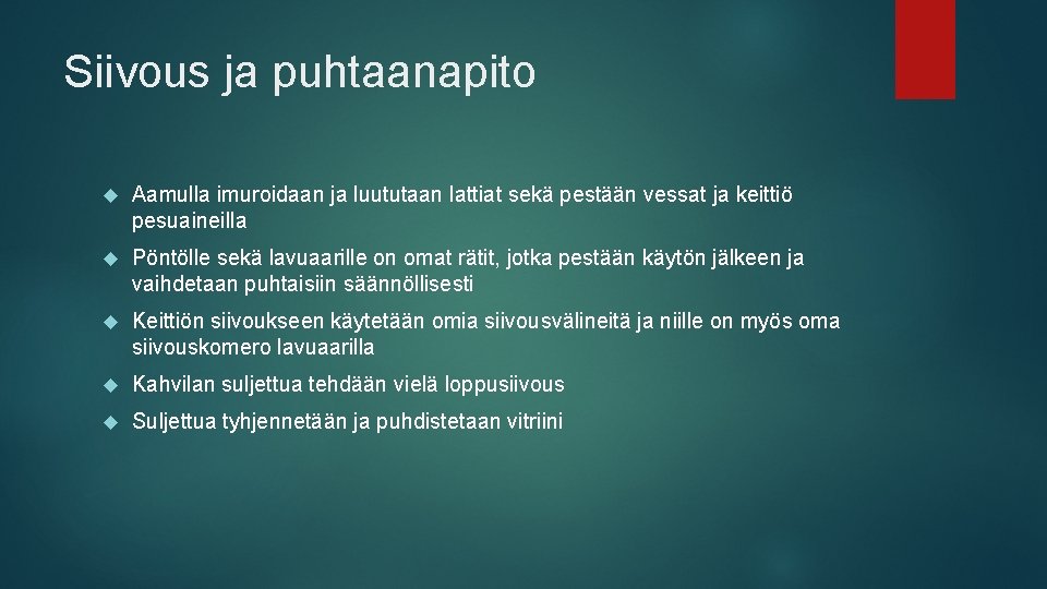 Siivous ja puhtaanapito Aamulla imuroidaan ja luututaan lattiat sekä pestään vessat ja keittiö pesuaineilla