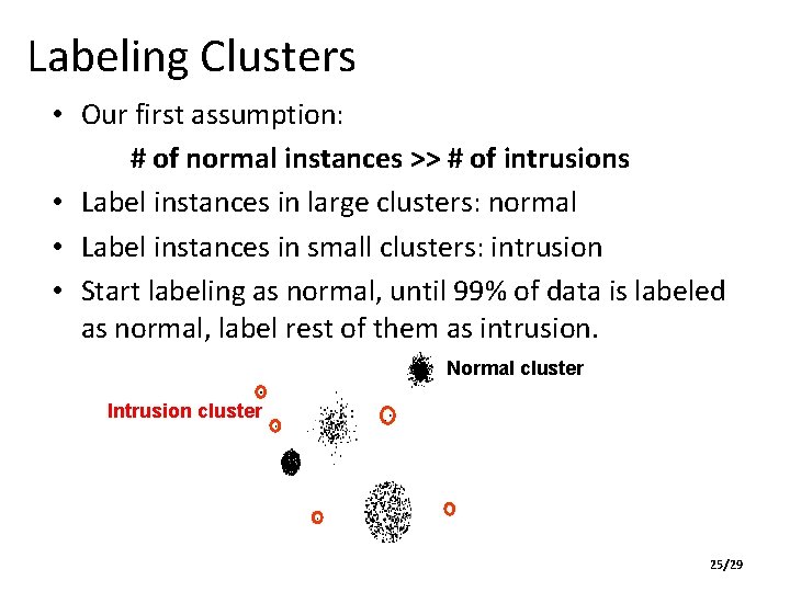 Labeling Clusters • Our first assumption: # of normal instances >> # of intrusions