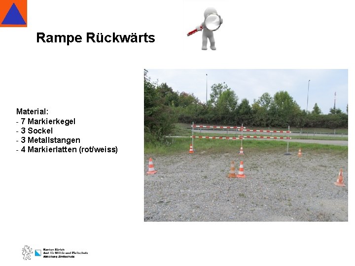 Rampe Rückwärts Material: - 7 Markierkegel - 3 Sockel - 3 Metallstangen - 4