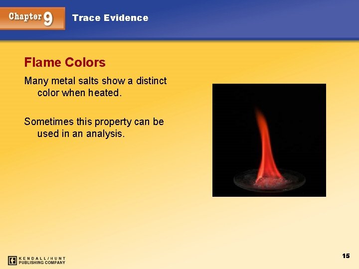 Trace Evidence Flame Colors Many metal salts show a distinct color when heated. Sometimes