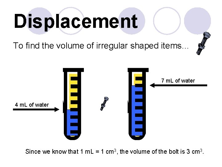 Displacement To find the volume of irregular shaped items… 7 m. L of water