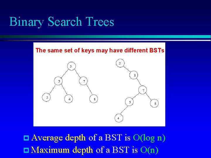Binary Search Trees The same set of keys may have different BSTs Average depth