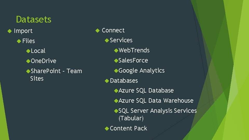 Datasets Import Connect Services Files Local Web. Trends One. Drive Sales. Force Share. Point