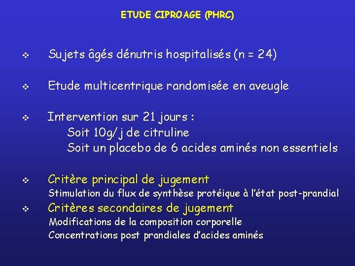 ETUDE CIPROAGE (PHRC) Sujets âgés dénutris hospitalisés (n = 24) Etude multicentrique randomisée en