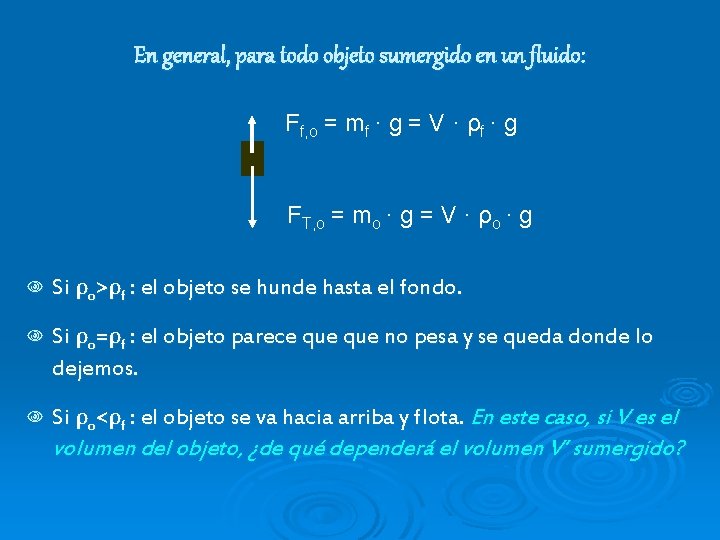 En general, para todo objeto sumergido en un fluido: Ff, o = mf ·
