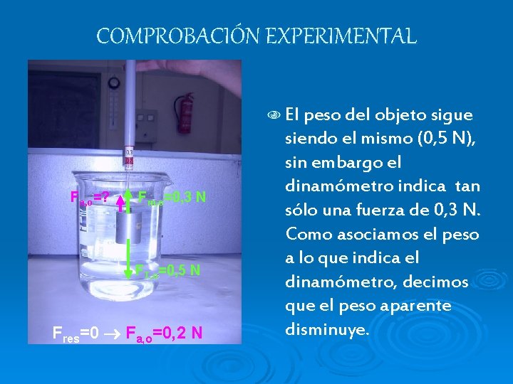 COMPROBACIÓN EXPERIMENTAL N El peso del objeto sigue Fa, o=? Fm, o=0, 3 N