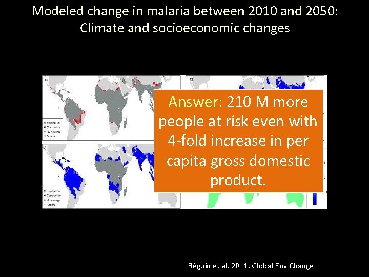 Modeled change in malaria between 2010 and 2050: Climate and socioeconomic changes Answer: 210