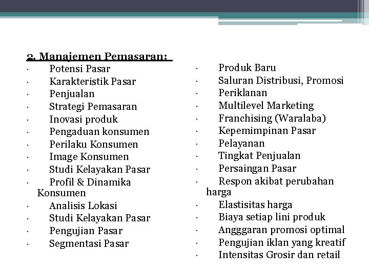 2. Manajemen Pemasaran: · Potensi Pasar · Karakteristik Pasar · Penjualan · Strategi Pemasaran