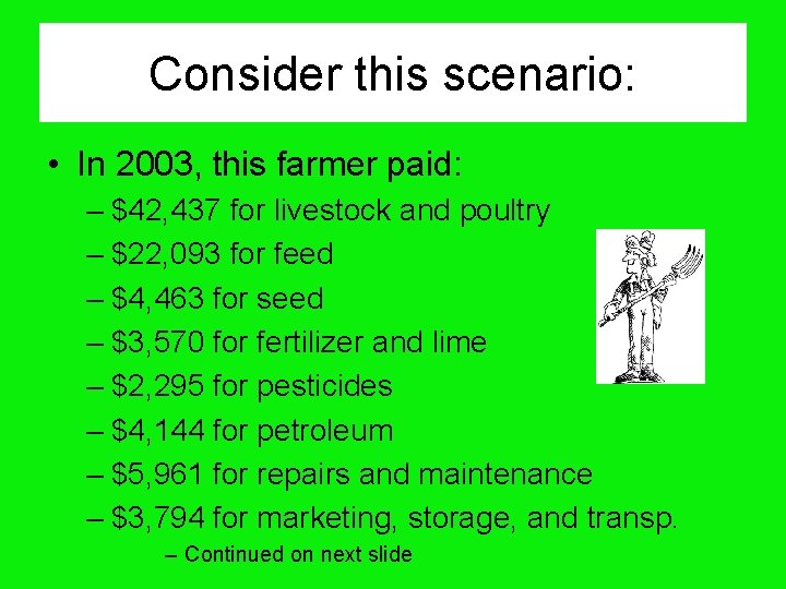 Consider this scenario: • In 2003, this farmer paid: – $42, 437 for livestock