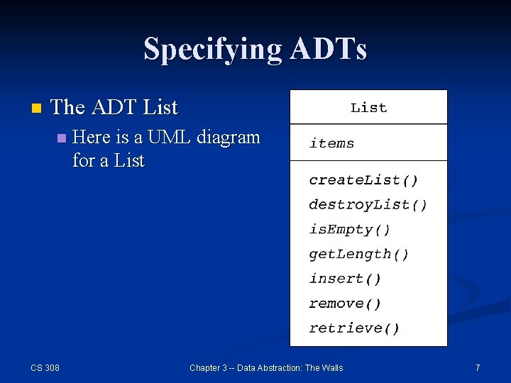 Specifying ADTs n The ADT List n CS 308 Here is a UML diagram