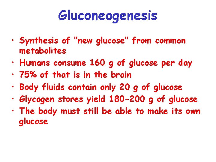 Gluconeogenesis • Synthesis of "new glucose" from common metabolites • Humans consume 160 g