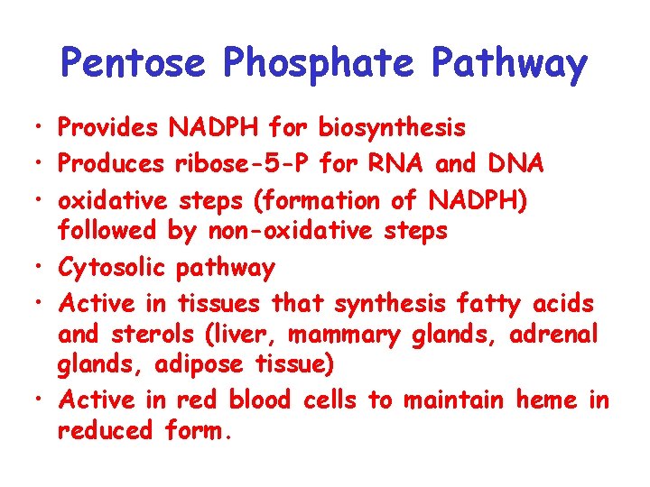 Pentose Phosphate Pathway • Provides NADPH for biosynthesis • Produces ribose-5 -P for RNA