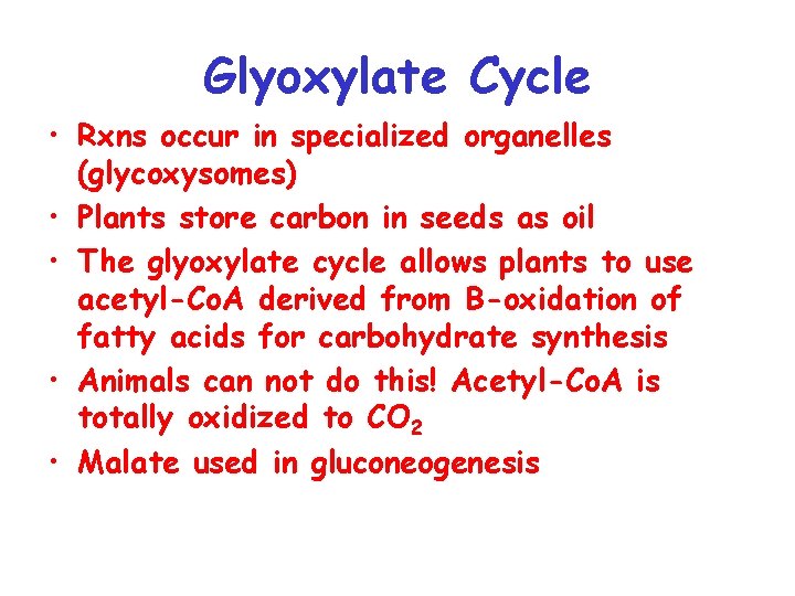 Glyoxylate Cycle • Rxns occur in specialized organelles (glycoxysomes) • Plants store carbon in