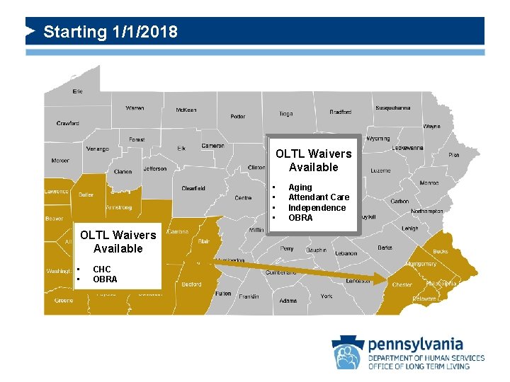 Starting 1/1/2018 OLTL Waivers Available • • CHC OBRA Aging Attendant Care Independence OBRA