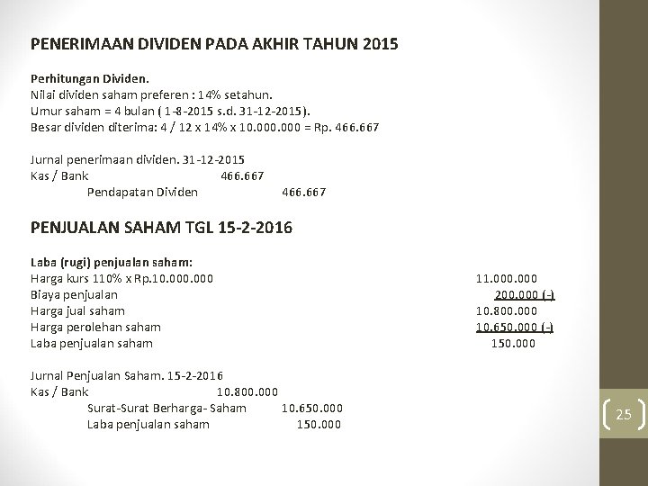 PENERIMAAN DIVIDEN PADA AKHIR TAHUN 2015 Perhitungan Dividen. Nilai dividen saham preferen : 14%