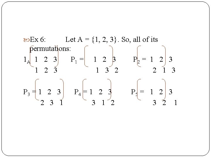  Ex 6: Let A = {1, 2, 3}. So, all of its permutations: