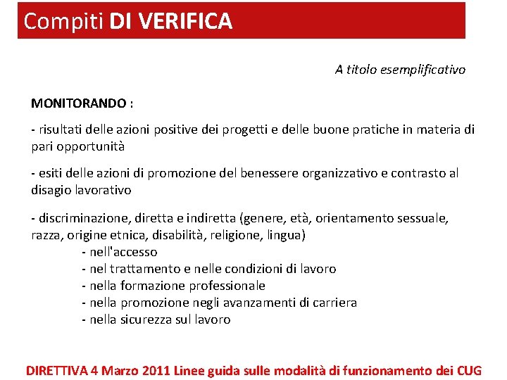 Compiti DI VERIFICA A titolo esemplificativo MONITORANDO : - risultati delle azioni positive dei