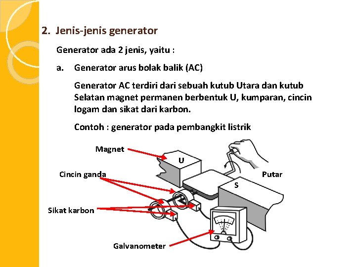 2. Jenis-jenis generator Generator ada 2 jenis, yaitu : a. Generator arus bolak balik