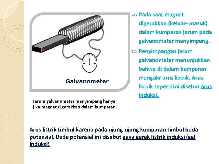 Galvanometer Jarum galvanometer menyimpang hanya jika magnet digerakkan dalam kumparan. Pada saat magnet digerakkan