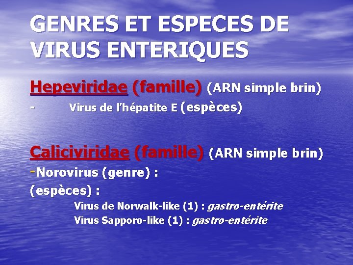 GENRES ET ESPECES DE VIRUS ENTERIQUES Hepeviridae (famille) (ARN simple brin) - Virus de