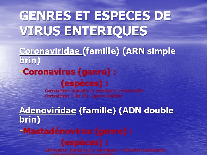 GENRES ET ESPECES DE VIRUS ENTERIQUES Coronaviridae (famille) (ARN simple brin) -Coronavirus (genre) :