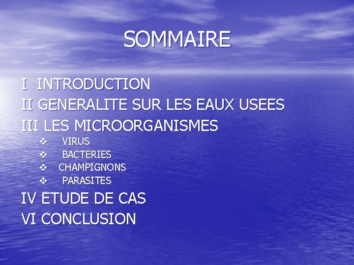 SOMMAIRE I INTRODUCTION II GENERALITE SUR LES EAUX USEES III LES MICROORGANISMES v v