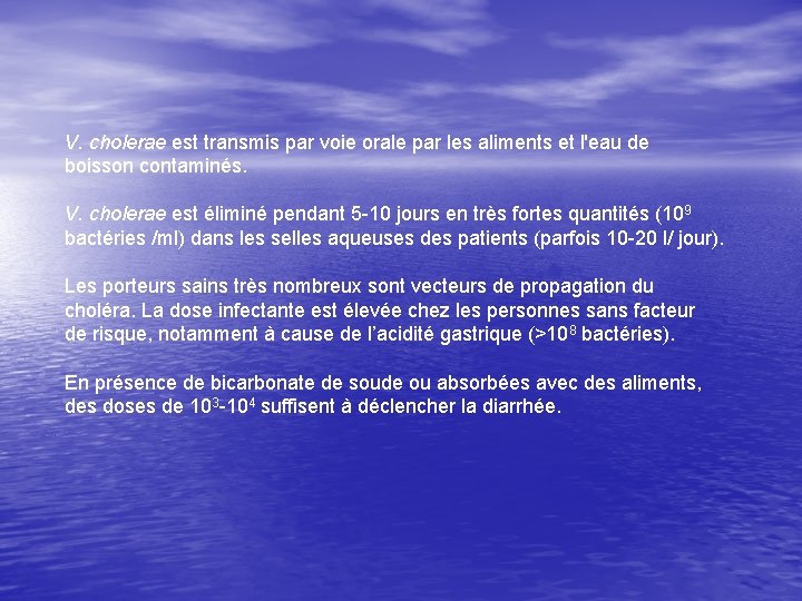 V. cholerae est transmis par voie orale par les aliments et l'eau de boisson